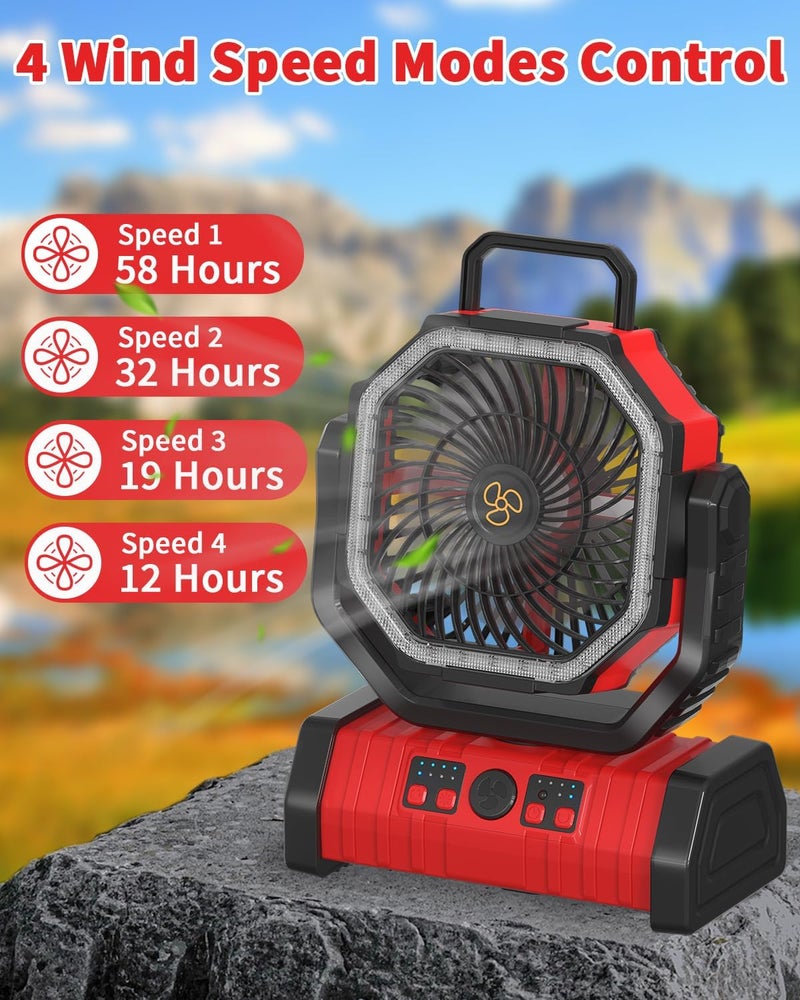 Adust Camping Portable Battery Operated Powered Fan with LED Lantern Light 20000mAh Rechargeable, Oscillating Fan with 360° Rotation Hanging Hook for Tents, Cordless USB Desk Fan(Red) - Image 3